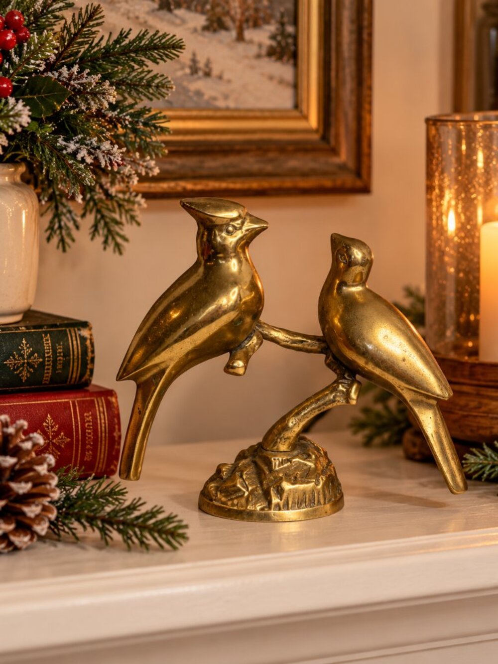 Vintage Solid Brass Bird Pair on Branch Figurine – 6.5” x 7